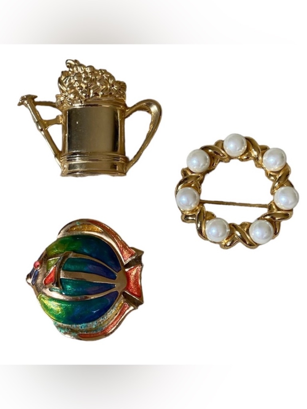 Set of 3 Gold Tone Brooches- Watering Can, Angelfish, Pearl X&O’s. 1.5” diameter